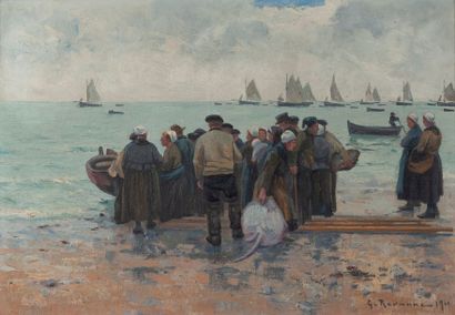 Léon Gustave RAVANNE (1854-1904) 
Retour de pêche.
Huile sur toile.
Signée et datée...
