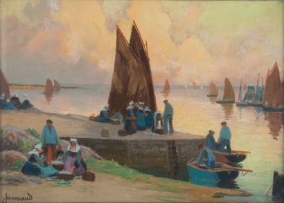 Mathurin JANSSAUD (1857-1940) 
Retour de pêche.
Pastel sur carton.
24 x 35 cm.
Signé...
