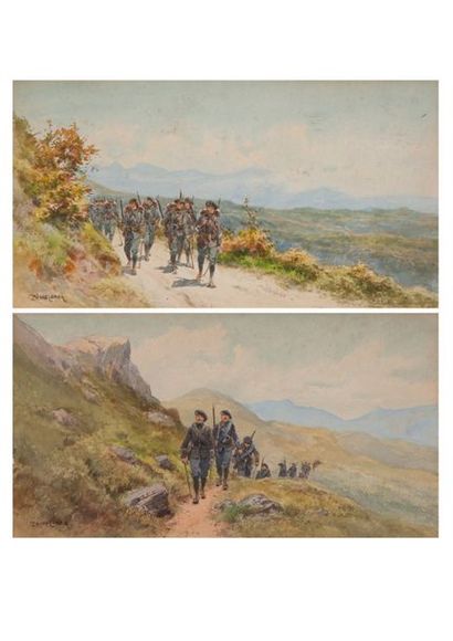 Pierre COMBA (1859-1934) 
Chasseurs alpins sur des chemins de montagne.
Deux aquarelles...