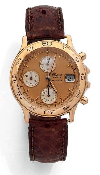 CHOPARD Montre chronographe bracelet d'homme.
Boîtier circulaire en or jaune (750).
Cadran...