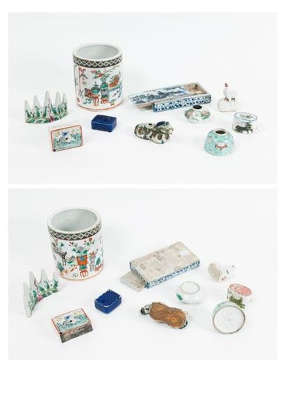 CHINE, XIXème-XXème siècles 

Ensemble de 10 objets de lettrés en porcelaine à décors...