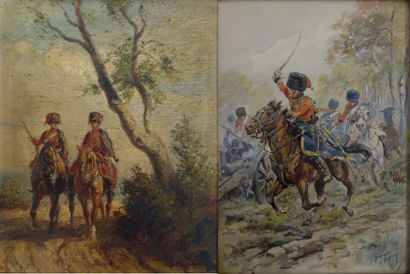 Maurice TOUSSAINT (1882-1974) 
Chasseurs à cheval chargeant une pièce d'artillerie...