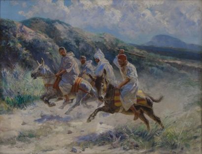 Alfred PARIS (1846-1908) 

Quatre cavaliers arabes sur des ânes. 1902.

Huile sur...