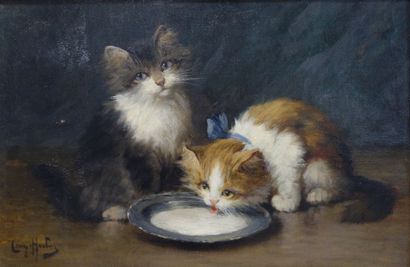 Léon HUBERT (1858-1928). 

Deux chatons à la coupelle de lait.

Huile sur toile.

Signée...