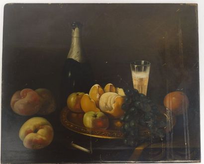 Ecole du XIXème siècle 

Le Soir, nature morte aux fruits et champagne. 

Huile sur...