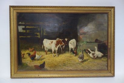 Claude CARDON (1864-1937) 

Vaches, oies et poules dans une étable.

Huile sur toile....