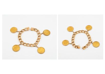 null Bracelet gourmette en or jaune (750) orné de quatre pièces commémoratives en...