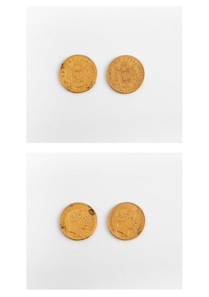 null Deux pièces de 20 Francs or Napoléon III "Tête laurée", 1863 et 1865 A Paris.
Poids...