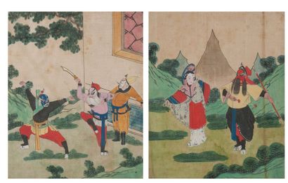 CHINE ou JAPON, XIXème siècle 
Deux gouaches sur tissu.
- Femme et combattant dans...