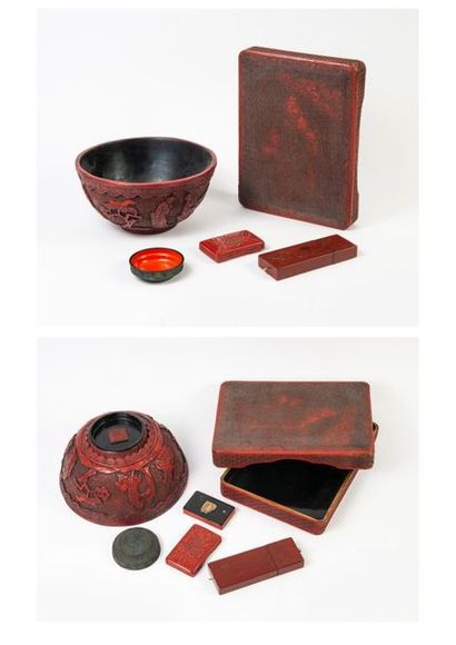 CHINE, XIXème-XXème siècles 
- Boîte rectangulaire en bois laqué rouge à décor gravé...