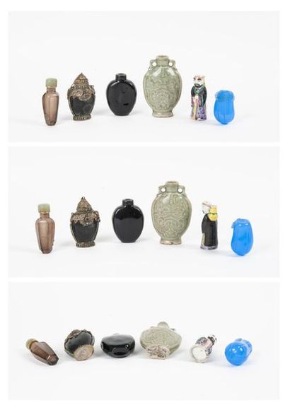 CHINE, XXème siècle 

Six flacons tabatières en verre, céramique, composition noire...