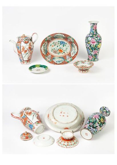CHINE, XIXème-XXème siècle 

Cinq pièces en porcelaine :

- Deux pièces (verseuse...