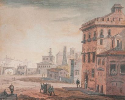 Abraham RADEMAKER (1675-1735) 

Caprice, rue de ville animée.

Aquarelle et gouache....