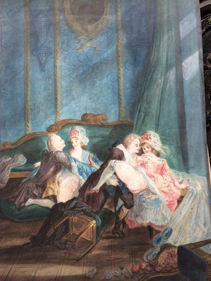 École de Nicolas LAVREINCE (1737-1807) 

Les chaises renversées (scène érotique).

Sanguine...