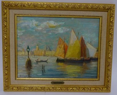 Attribuée à Paul ORTIOU (1807-?) 

Voiliers sur la lagune à Venise. 

Huile sur panneau...