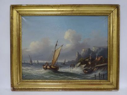 L. RICHER (XIXème siècle) 

Voilier en mer près de falaises. [18]74.

Huile sur toile.

Signée...