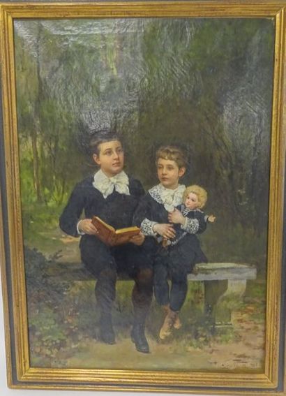 Attribuée à Jean GEOFFROY (1853-1924) 

Deux enfants assis sur un banc dans un parc...