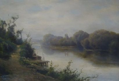 Vincent BLATTER (1843-1913) 

Barque à l'attache à un ponton sur un fleuve. 

Huile...
