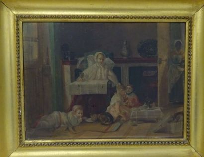 Ecole du XIXème siècle 

Femme et enfants dans un intérieur. 

Huile sur panneau....