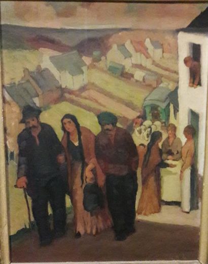 LUCIEN LECLERCQ (1895-1955) 

"L'arrivée des Romanichels".

Huile sur panneau.

Signée...