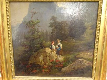 Adele LEUZINGER-KOCH (1829-1895) 

Jeunes filles dans un paysage de montagne. 

Huile...