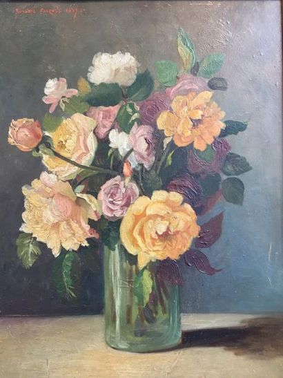 Auguste FALQUET (XIX-XXème siècle) 

Vase de roses, 1907. 

Huile sur panneau. 

Signée...