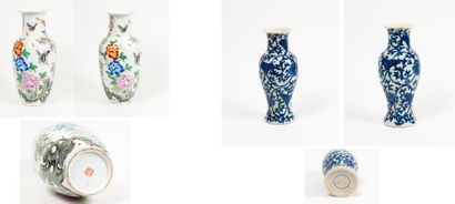 CHINE, XXème siècle 

- Paire de vases en balustre en porcelaine à décor polychrome...