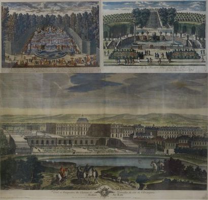 null Lot de trois gravures : 

- Deux sur le thème du château de Versailles, La cascade...