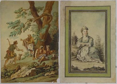 Ecole Française du XVIIIème siècle 

Deux dessins sur papier :

- Le repos des voyageurs,...