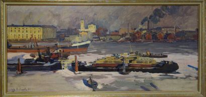 Eugenia ANTIPOVA (1917) 

Péniches et chalutiers sur la Volga, 1960.

Huile sur toile.

Signée...