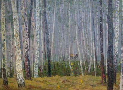 Attribuée à Boris Feodorovich DOMASHNIKOV (1924-2003) 

La forêt de bouleaux.

Huile...