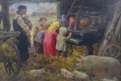 Attribué à Ivan ALEKSEVIC VLADIMIROV (1869-1947) 

Concert dans l'étable. 

Huile...