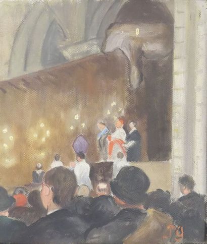 Paule GOBILLARD (1869-1946) 

Cérémonie à Notre-Dame. 

Huile sur carton. 

Monogrammée...