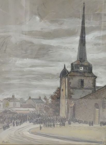 Jean PESKÉ (1870-1949) 

La sortie de l'église. 

Gouache sur papier. 

Signée en...