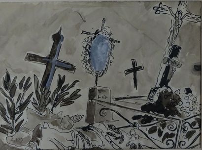 André DUNOYER DE SEGONZAC (1884-1974) 

Vue de cimetière. 

Encre sur papier. 

Monogrammée...