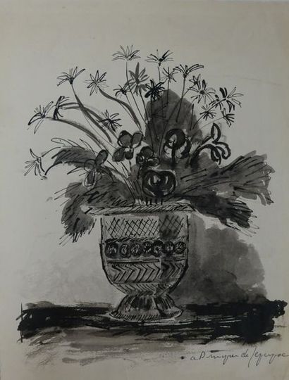 André DUNOYER DE SEGONZAC (1884-1974) 
Bouquet de fleurs. 
Encre sur papier. 
Signée...