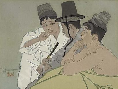 Paul JACOULET (1896-1960) 
- Trois coréens assis, vers 1939.
Bois gravé, impression...
