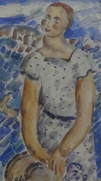 Eugène DABIT (1898-1936) 

Portrait de femme sur fond de paysage bleu. 

Crayon et...
