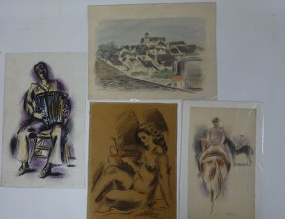 Michel ADLEN (1898-1980) 

Lot de quatre dessins sur papier : 

- Deux cavaliers....