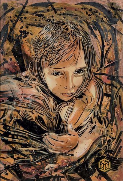 C215 (1973) Nina.
Pochoir, peinture aérosol et acrylique sur panneau.
Signé du logogramme...