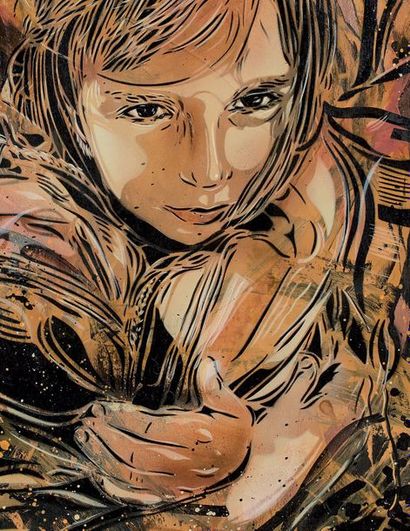 C215 (1973) Nina.
Pochoir, peinture aérosol et acrylique sur panneau.
Signé du logogramme...