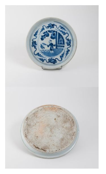CHINE - XVIIIème siècle 

Plat circulaire en porcelaine bleu blanc à décor d'un enfant...