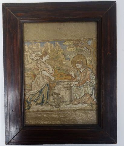 Ecole du XIXème siècle 

Le Christ et la Samaritaine. 

Broderie et fils métalliques....