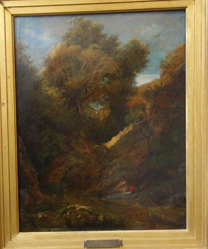 Paul Flandrin (1811–1902) 

Baigneuse dans un paysage.

Huile sur papier marouflé...