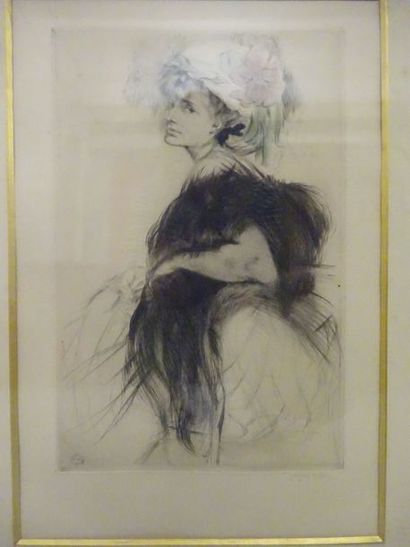 Jacques VILLON (1875-1963) 

Elégante au chapeau. 

Pointe sèche. 

Signée en bas...