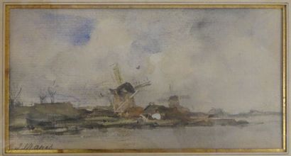 Jacob Henricus MARIS (1837-1899) 

Paysage lacustre aux moulins.

Dessin à l'aquarelle...