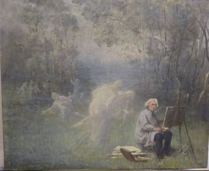 Emile Louis FOUBERT (1848-1911) 

Peintre au chevalet dans un paysage animé de nymphes.

Huile...