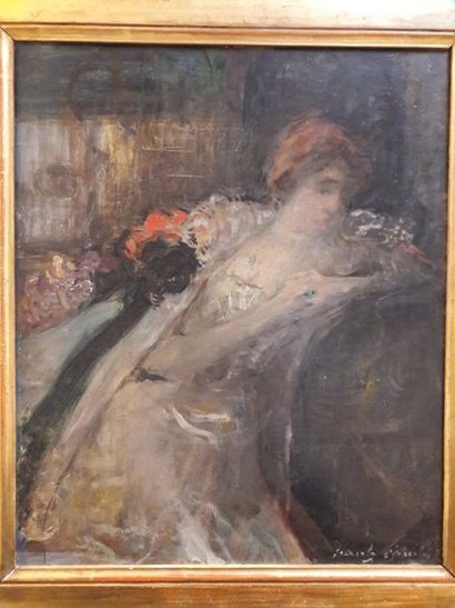 Attribuée à Frantz CHARLET (1862-1928) 

Femme pensive accoudée, dans un canapé.

Huile...