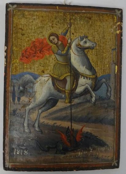 null Icône grecque.

Saint Georges à cheval terrassant le dragon. 

Porte une date...