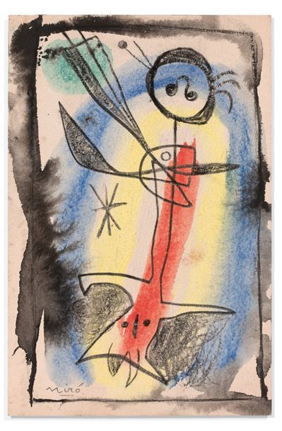 Joan MIRO (1893-1983) 
Composition, 1956.
Aquarelle, encre de Chine, crayon de cire...